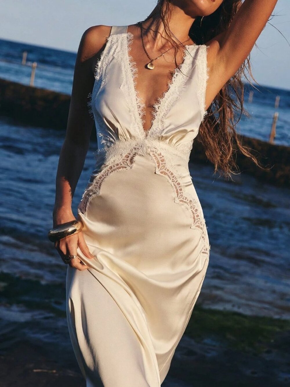 Ivory Satin Lace Trim Deep V Slip Bridal Boudoir Maxi Dress